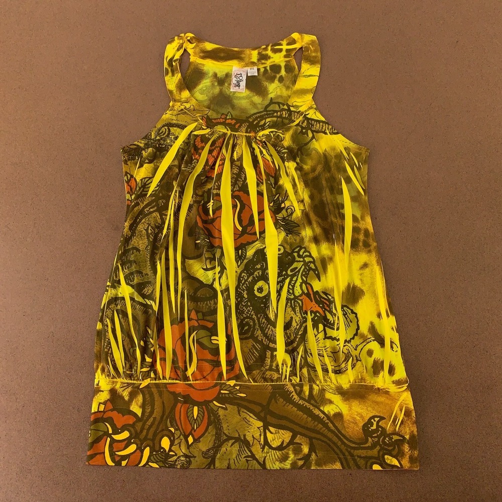 L8ter Women's Size Medium Chartreuse Floral Pleated Sleeveless Pullover Tank Top